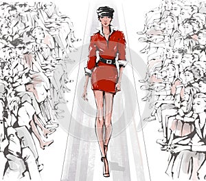 Hand drawn fashion show with stylish model and audience. Fashion runway. Haute couture. Beautiful young woman walking.