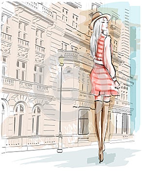 Hand drawn fashion woman on a street background. Stylish girl in a hat. Sketch set.