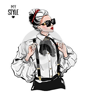Hand drawn fashion woman in sunglasses. Stylish girl with headband on her head. Fashion look.
