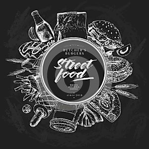 Hand drawn fast food banner. Street food. Burger, hot dog, soda, french fries, pizza, coffee, bagels. Chalkbord vector