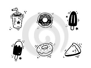 Hand drawn fast food desserts icons. Sketch of snack elements. Fast food illustration collection in doodle style.