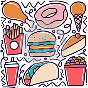 hand drawn fast food doodle set
