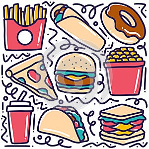 hand drawn fast food doodle set