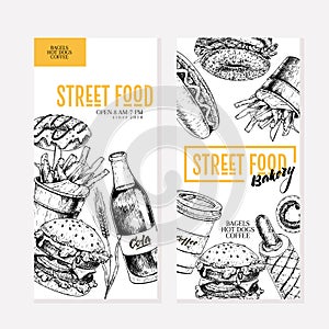Hand drawn fast food flyers. Street food creative banner.Burger, soda, fries, bagel, donut, hot dogs. engraved vector photo