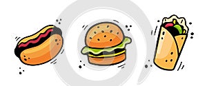 Hand drawn fast food icons. Sketch of Hot dog, Hamburger, Doner Kebab. Fast food illustration in doodle style.