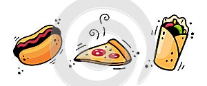 Hand drawn fast food icons. Sketch of Hot dog, Pizza, Doner Kebab. Fast food illustration in doodle style.
