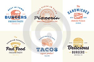 Hand drawn fast food logos and labels with modern vintage typography retro style set vector illustration.