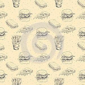 Hand drawn fast food pattern. Burger, pizza, french fries detailed illustrations. Great for restaurant menu or banner