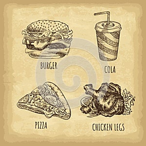 Hand drawn fast food set. Burger. Cola. Pizza. Chicken legs. Retro style. Vector illustration.