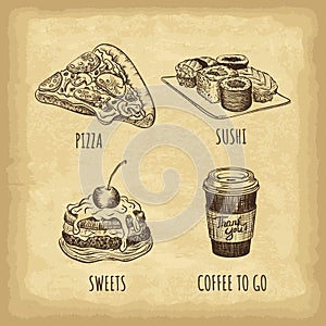 Hand drawn fast food set. Pizza. Sushi. Sweets. Coffee to go. Retro style. Vector illustration.