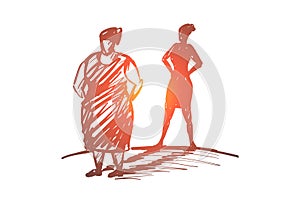 Hand drawn fat woman with her shadow as slim lady