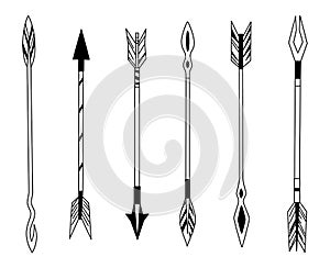 Hand drawn feather arrow, tribal feathers on pointer and decorative boho bow, feather indian arrowhead. Native aztec or