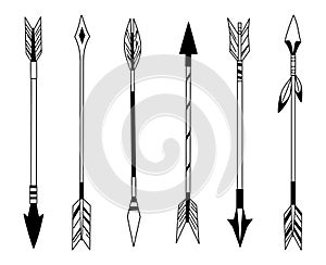 Hand drawn feather arrow, tribal feathers on pointer and decorative boho bow, feather indian arrowhead. Native aztec or