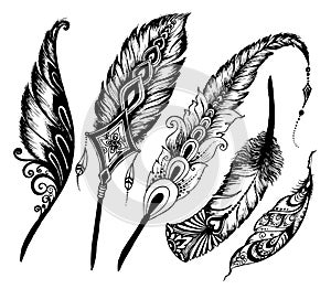 Hand drawn feathers set on white background.