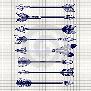 Hand drawn feathery arrows sketch