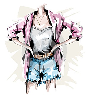 Hand drawn female body. Fashion outfit. Stylish woman look with shorts, shirt, jacket and accessories. Sketch.