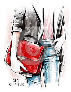 Hand drawn female body parts in fashion clothes. Fashion look sketch. Stylish girl holding red bag.