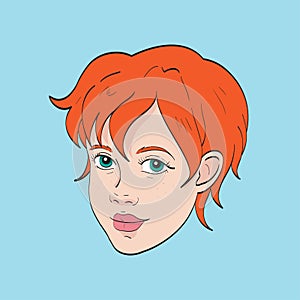 Hand drawn female fashion portrait. Avatar ginger teenager girl. Vector doodle illustration. Sketch of girl's head