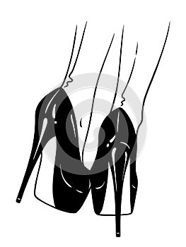 Hand drawn female legs in high heels and seamed stockings. Flash tattoo or print design in noir comics style vector illustration
