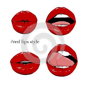 Hand drawn female lips. Close-up plump lips. Red kissing lips. Woman mouth with tongue.