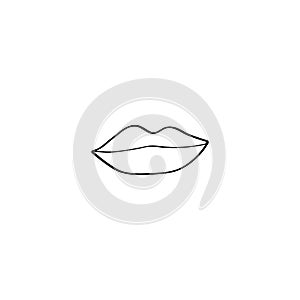Hand-drawn female lips. Mouth doodle illustration. Simple vector valentine`s day design element. Black outline isolated