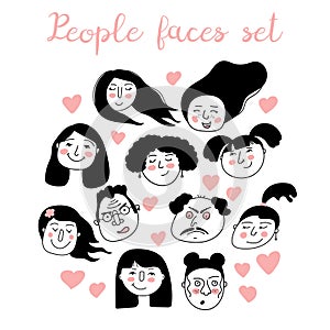 Hand-drawn female and male icons set with pink hearts. Avatars people with different emotions. Face color can be changed. Isolated