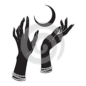 Hand drawn female witch hands holding crescent moon. Flash tattoo, sticker, patch or print design vector illustration