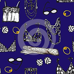 Hand drawn femine underwear and bijuoterie pattern deep blue background