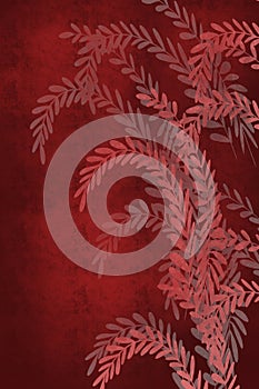 Hand drawn fern art dyed grunge background with Japanese ink antiqued style background in deep red dark edge