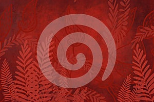 Hand drawn fern art dyed grunge background with Japanese ink antiqued style background in deep red dark edge