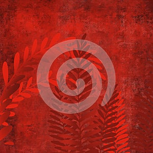 Hand drawn fern art dyed grunge background with Japanese ink antiqued style background in deep red dark edge