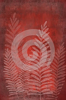 Hand drawn fern art dyed grunge background with Japanese ink antiqued style background in deep red dark edge