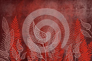 Hand drawn fern and leaf art dyed grunge background with Japanese ink antiqued style background in deep red dark edge