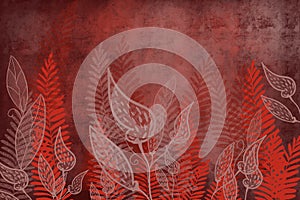 Hand drawn fern and leaf art dyed grunge background with Japanese ink antiqued style background in deep red dark edge photo