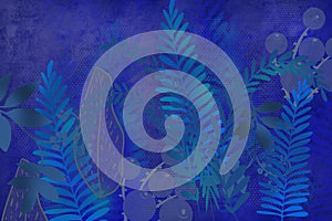 Hand drawn fern and plant art dyed grunge background with Japanese style ink look on antiqued edge background in indigo blue