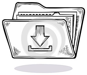 Hand drawn file folder with download symbol, black and white illustration