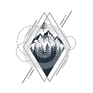 Hand drawn fir trees and mountains textured vector illustrations. Geometric style