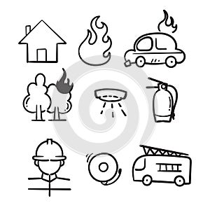 hand drawn Fire and firefighting related icon set in doodle style