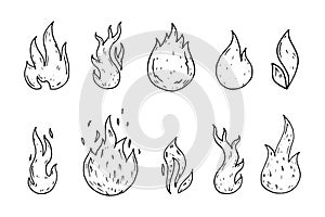 Hand Drawn fire icons doodles set. Sketch style icons. Decoration element. Isolated on white background. Flat design. Vector