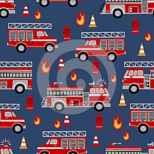 Hand drawn firetrucks  on dark blue background.