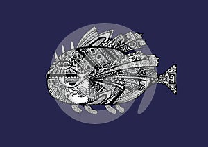 Hand drawn fish of doodling style with old ethnic indian motives. Black and white drawing illustration