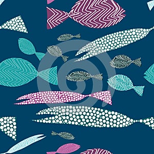 Fish seamless pattern. Colorful fish with stripes ans dots. Vector illustration on dark blue background photo