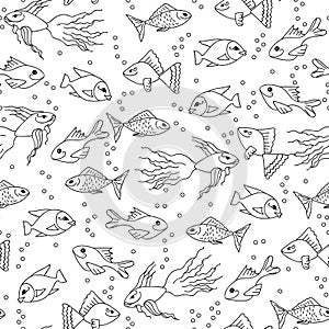 Hand drawn Fish in water seamless pattern for adult coloring