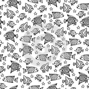 Hand drawn fishes, seamless vector pattern