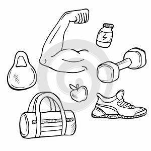 hand drawn Fitness and sport icons set. Healthy lifestyle symbols illustration isolated background doodle