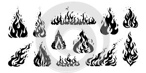 Hand drawn flame. Vintage sketch of devils fire engraving. Retro silhouette of bonfire. Black and white fireplace icons