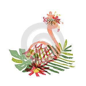 Hand drawn flamingo, tropical flower composition photo