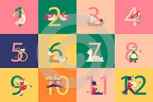 Hand drawn flat 12 days of christmas illustration Vector illustration.