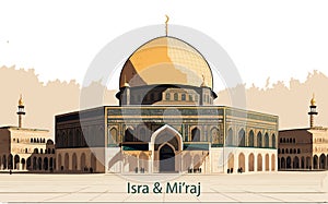 hand drawn flat al Aqsa illustration, Isra Miraj background.