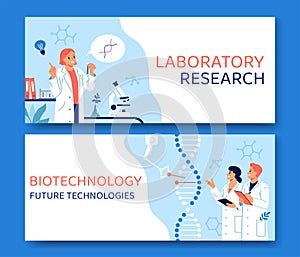 Hand drawn flat biotechnology horizontal banner template set